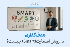 در تصویر، مربی در کنار تخته اهداف SMART ایستاده است و نشان می‌دهد هدف گذاری SMART چگونه مسیر موفقیت را روشن می‌سازد.