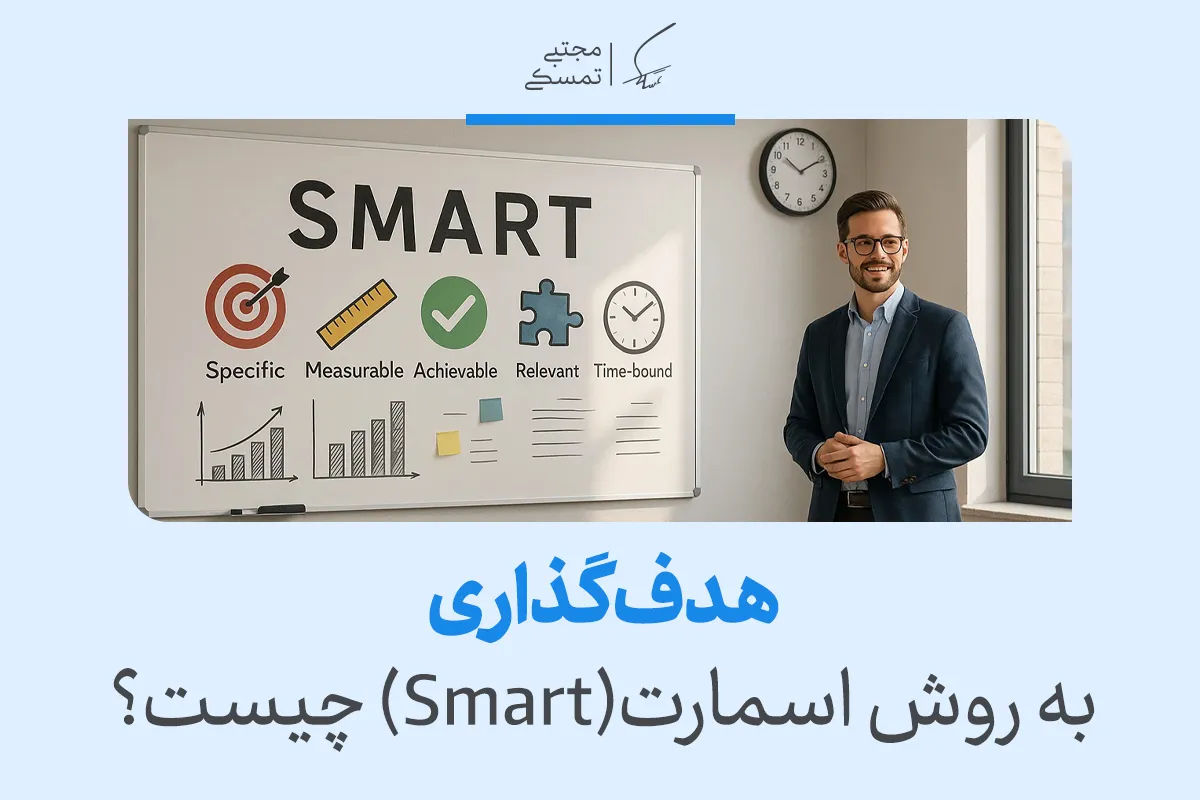 در تصویر، مربی در کنار تخته اهداف SMART ایستاده است و نشان می‌دهد هدف گذاری SMART چگونه مسیر موفقیت را روشن می‌سازد.
