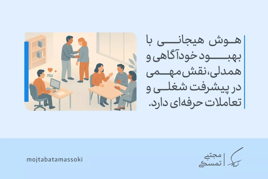 تصویر یک محیط کاری است که در آن مهارت‌های نرم مانند هوش هیجانی و همکاری مؤثر نقش مهمی در بهبود روابط و پیشرفت شغلی دارند.
