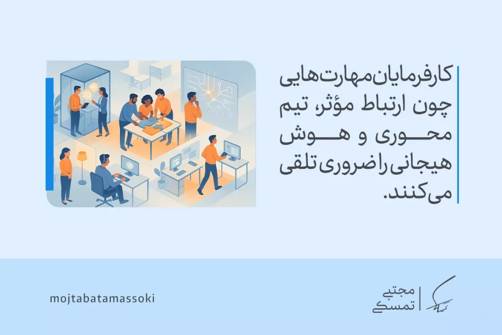 تصویر یک محیط کاری است که در آن مهارت‌های نرم مانند همکاری تیمی و هوش هیجانی برای برقراری ارتباط مؤثر و حل مشکلات ضروری است.