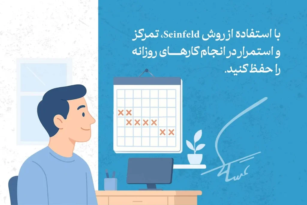 در تصویر، تکنیک مدیریت زمان Seinfeld برای حفظ تمرکز و انجام کارهای روزانه با استفاده از تقویم نشان داده شده است.