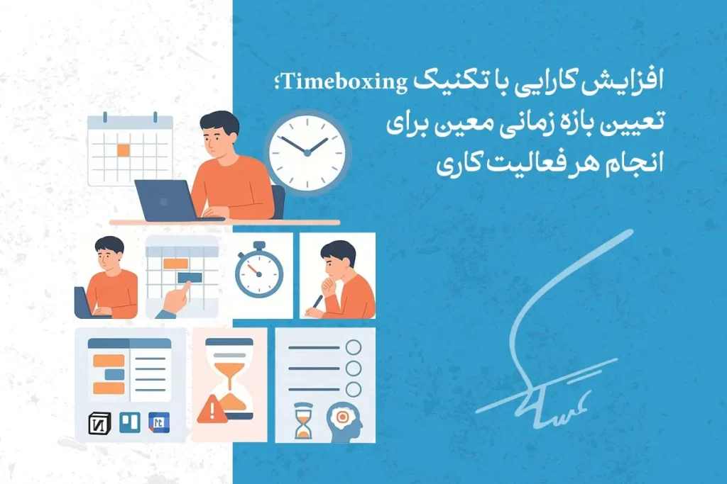 در تصویر، تکنیک مدیریت زمان با استفاده از روش Timeboxing برای تعیین زمان مشخص برای هر فعالیت کاری نشان داده شده است.