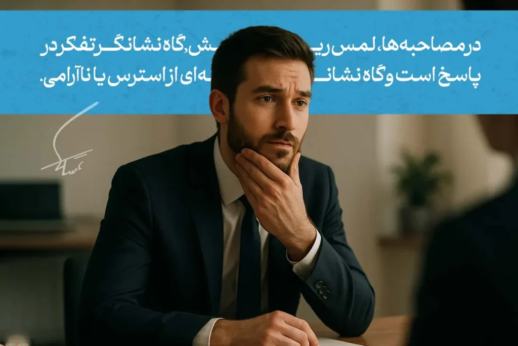 تصویر مردی در حال دست کشیدن به ریش خود است که نشان‌دهنده تمرکز و تفکر در زبان بدن است، همچنین ممکن است نشانه‌ای از استرس یا نگرانی باشد.