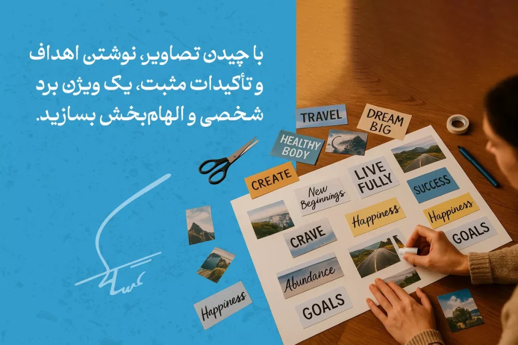 در تصویر، فردی در حال ساخت ویژن بورد با تصاویر و کلمات الهام‌بخش برای دستیابی به اهداف شخصی است.