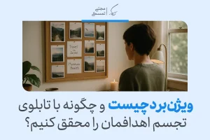 در تصویر، فردی در حال تماشای ویژن بورد است که اهداف خود را به صورت تصویری برای تحقق اهداف تعیین شده نشان می‌دهد.
