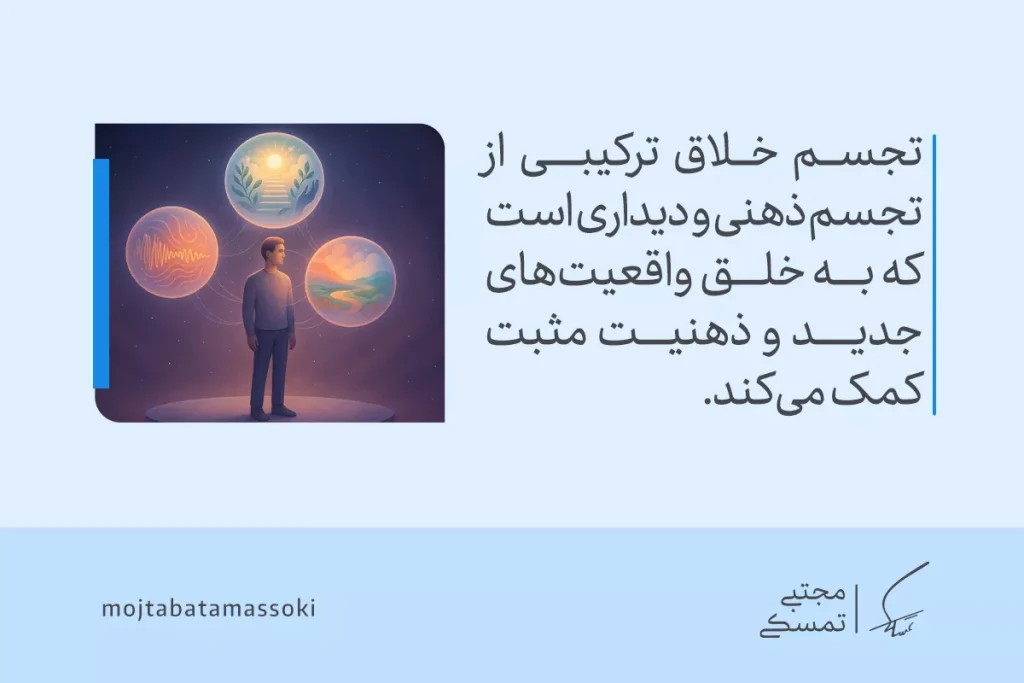 تجسم فرد در حال تجسم واقعیت‌های مثبت و جدید از جمله موفقیت، رشد و آرامش، با استفاده از تمرکز ذهنی. 