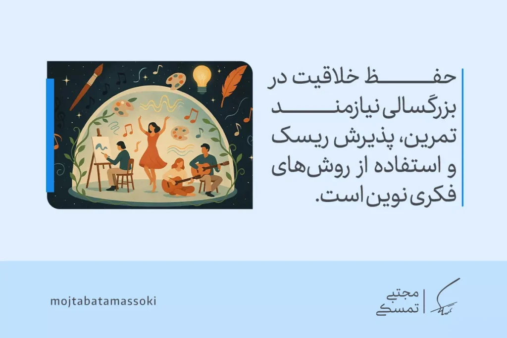 تصویر نشان‌دهنده گروهی از هنرمندان در حال نقاشی، رقص و موسیقی است که به اهمیت تمرین و ریسک‌پذیری در تقویت خلاقیت اشاره می‌کند.