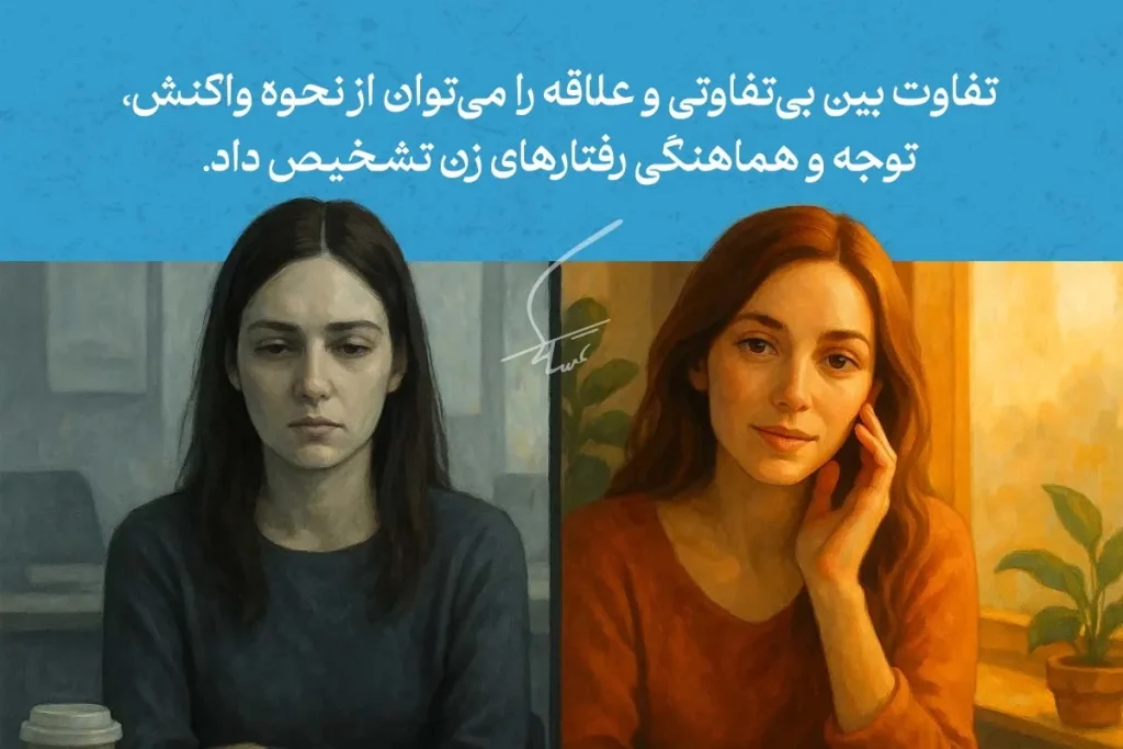 تفاوت در زبان بدن زن عاشق با زنی بی‌تفاوت؛ لبخند و تماس چشمی زن سمت راست در مقابل بی‌توجهی زن سمت چپ دیده می‌شود.