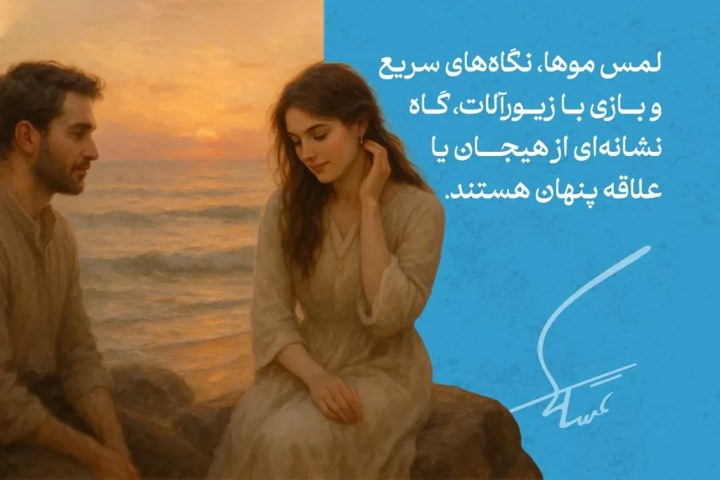 زبان بدن زن عاشق در کنار مرد کنار دریا؛ لمس موها و نگاه پایین نشان‌دهنده احساسات پنهان، هیجان و علاقه قلبی است.