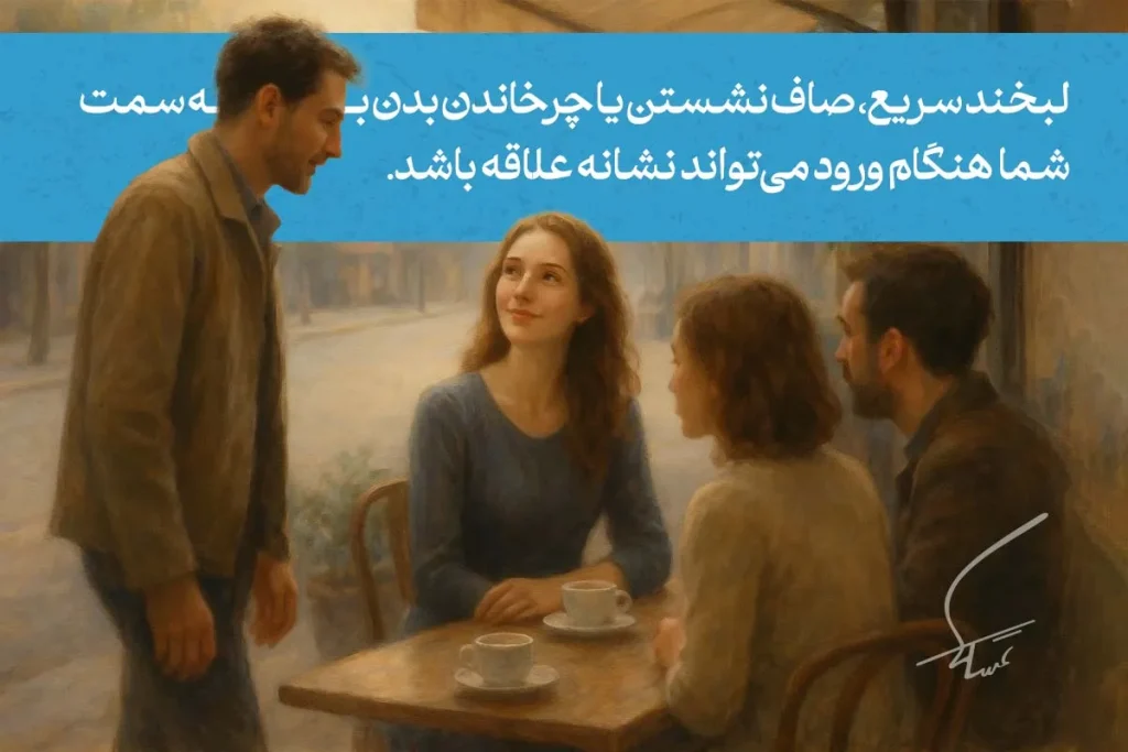 زبان بدن زن عاشق در کافه، با لبخند سریع، صاف نشستن و توجه به مرد هنگام ورود، نشانه آشکار علاقه و جذب شدن است.