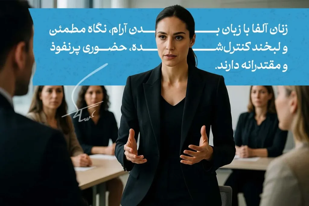 زبان بدن زنان در رهبری؛ زن با حالت دست‌های باز، نگاه مطمئن و حضور مقتدرانه در جمع کاری اعتماد به نفس نشان می‌دهد.