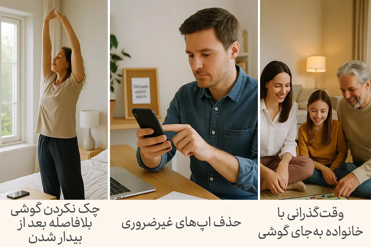 تصویری از زنانی که در حال چک کردن گوشیش بعد از بیدار شدن،مردی که در حال حذف اپ‌های غیرضروری و خانواده‌ای که وقت خود را بدون گوشی می‌گذرانند؛این‌ها بخشی از 100 عادت خوب برای بهبود روزمرگی هستند.