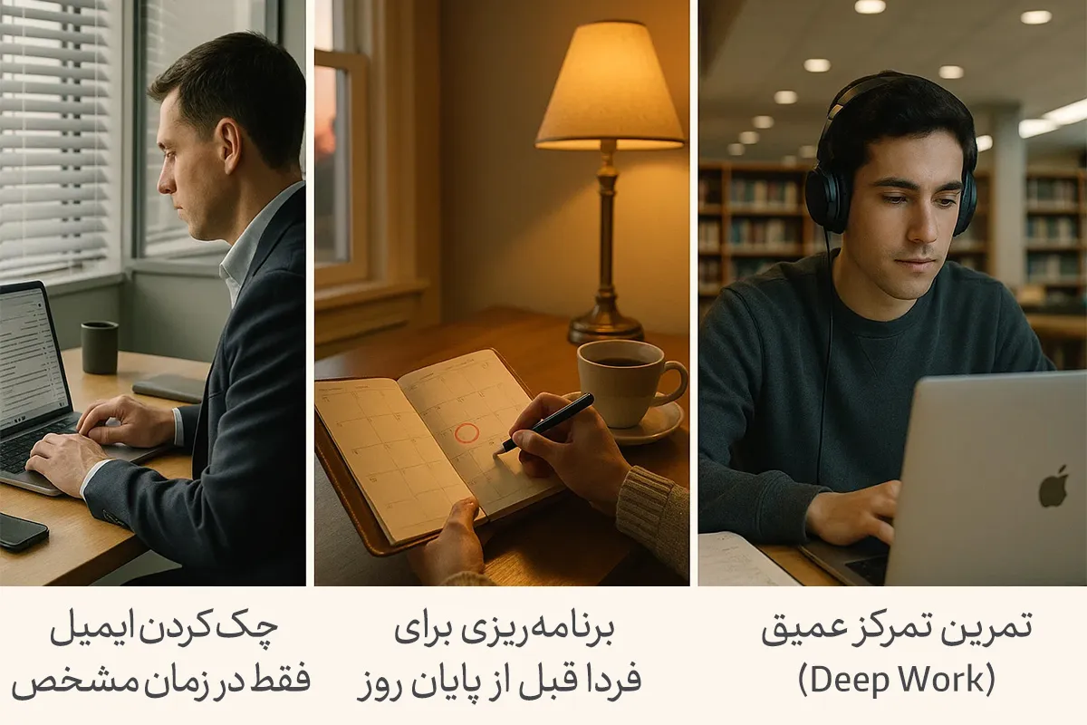 تصویری از چک کردن ایمیل، برنامه‌ریزی برای فردا و تمرین تمرکز عمیق به عنوان بخشی از "100 عادت خوب" که به بهره‌وری کمک می‌کند.