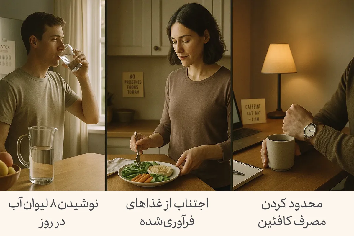 تصویری از نوشیدن 8 لیوان آب در روز، اجتناب از غذاهای فرآوری شده و محدود کردن مصرف کافئین در سبک زندگی 100 عادت خوب را نشان می‌دهد و سلامت را تقویت می‌کند.