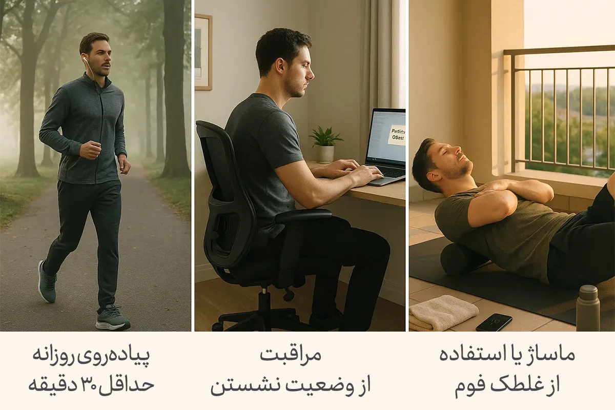 تصویری از مردی که در حال پیاده‌روی،مراقبت از وضعیت نشستن و استفاده از غلطک فوم است؛این‌ها بخشی از 100 عادت خوب هستند.