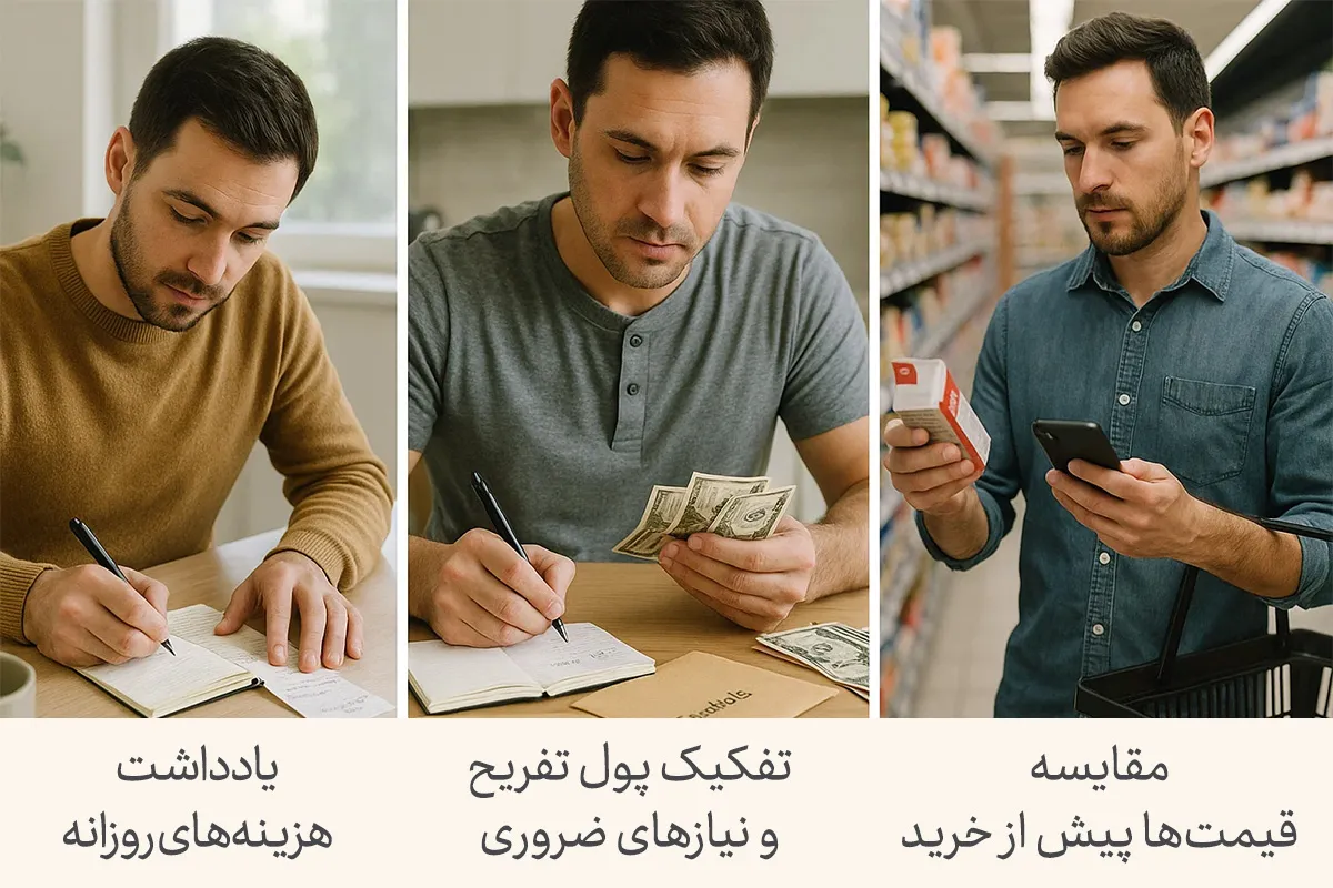 تصویری از مردی که در حال یادداشت هزینه‌های روزانه،تفکیک پول برای نیازهای ضروری و مقایسه قیمت‌ها قبل از خرید است؛این‌ها بخشی از 100 عادت خوب برای مدیریت مالی هستند.