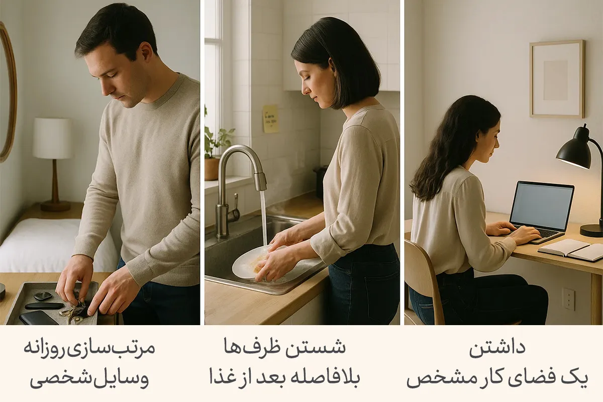 تصویری از مردی که در حال مرتب‌سازی وسایل شخصی،زنی که در حال شستن ظروف بعد از غذا و فردی که در حال کار در فضای شخصی است.این‌ها بخشی از 100 عادت خوب برای نظم و بهره‌وری هستند.