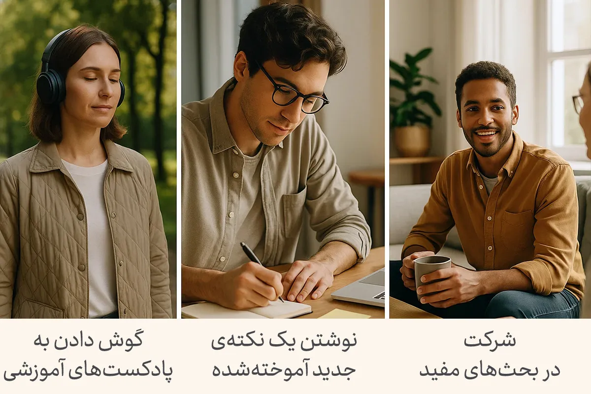 تصویری از زنانی که در حال گوش دادن به پادکست‌های آموزشی،مردی که در حال نوشتن یک نکته جدید آموخته‌شده و فردی که در بحث‌های مفید شرکت می‌کند؛این‌ها بخشی از 100 عادت خوب برای یادگیری و ارتباطات هستند.