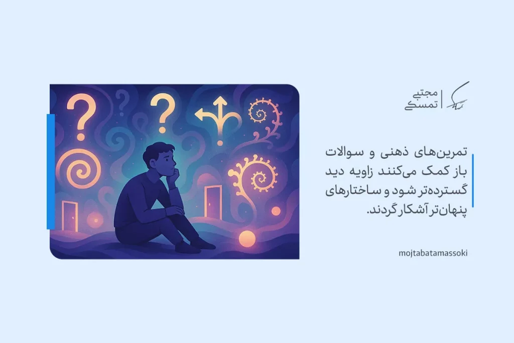 تفکر انتزاعی با نمایش مردی اندیشمند در میان علامت‌های سؤال و نمادهای ذهنی پیچیده تصویر شده است.