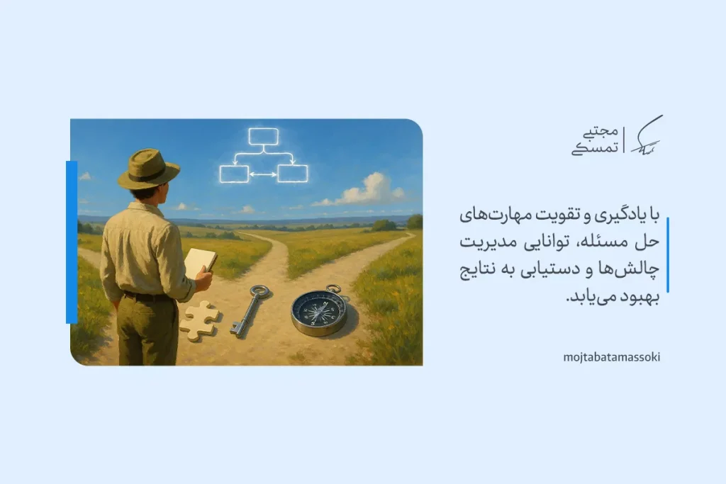 تصویر مردی در دو راهی با دفتر یادداشت، قطب‌نما و پازل که نشان‌دهنده تصمیم‌گیری منطقی و نقش تفکر تحلیلی در حل مسئله است.