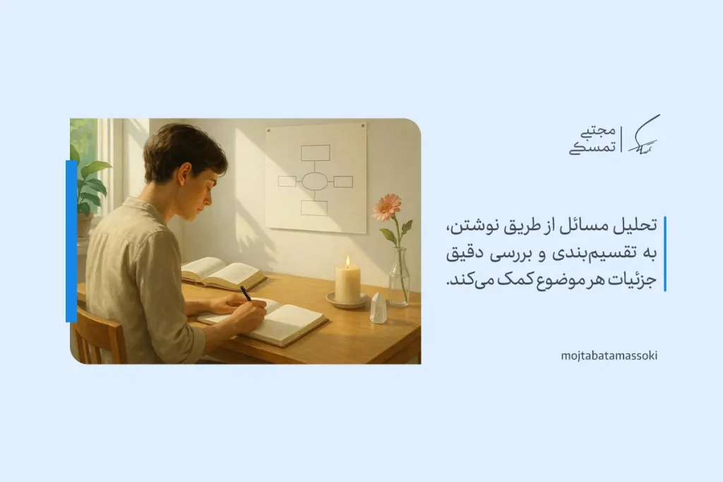 تصویر فردی در حال نوشتن و تحلیل موضوعات با نمودار روی دیوار که نشان‌دهنده نظم ذهنی و تقویت مهارت‌های تفکر تحلیلی است.