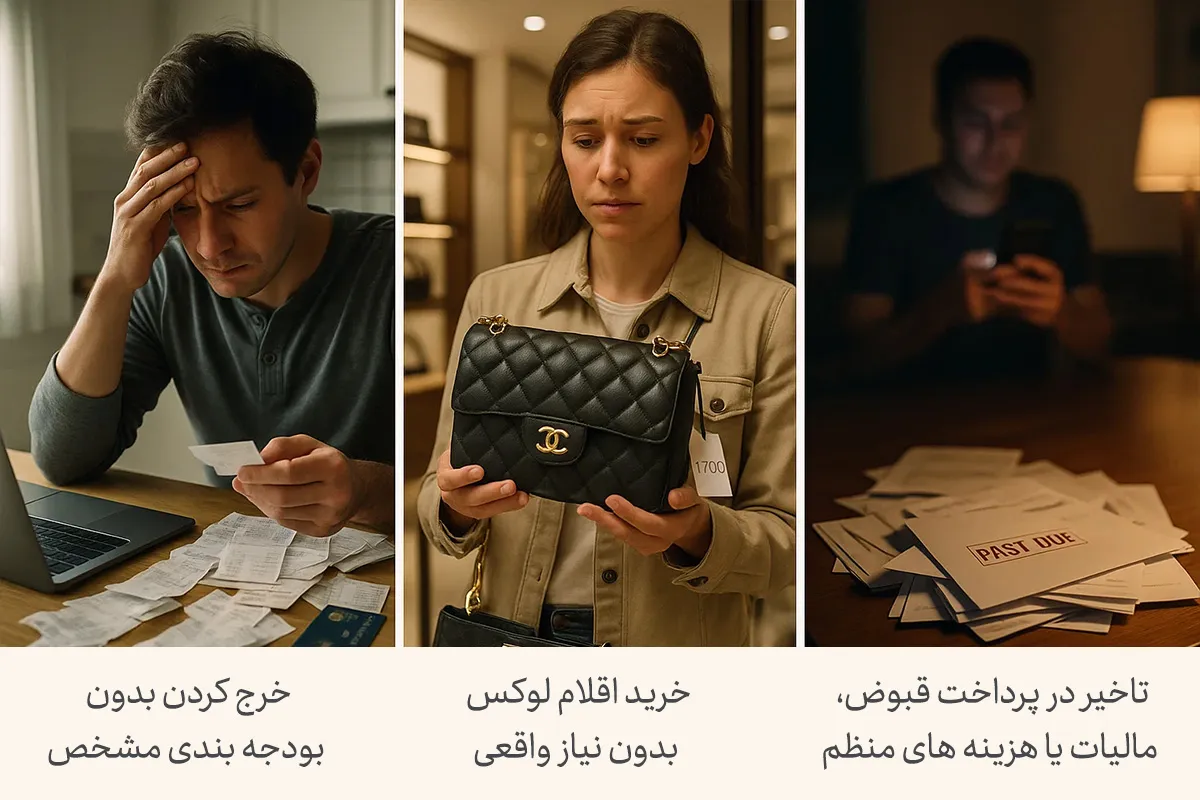 تصویری از خرج کردن بدون بودجه‌بندی مشخص، خرید اقلام لوکس بدون نیاز واقعی و تأخیر در پرداخت قبوض به‌عنوان عادت های بد روزانه دیده می‌شود.