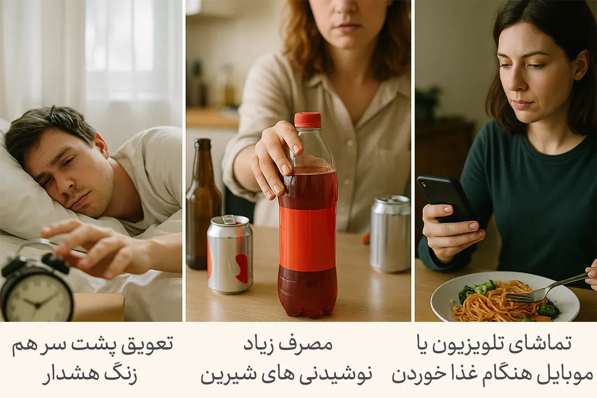 تصویری از فردی خسته که تعویق زنگ هشدار،مصرف زیاد نوشیدنی شیرین و موبایل هنگام غذاخوردن را عادت های بد روزانه نشان می‌دهد.