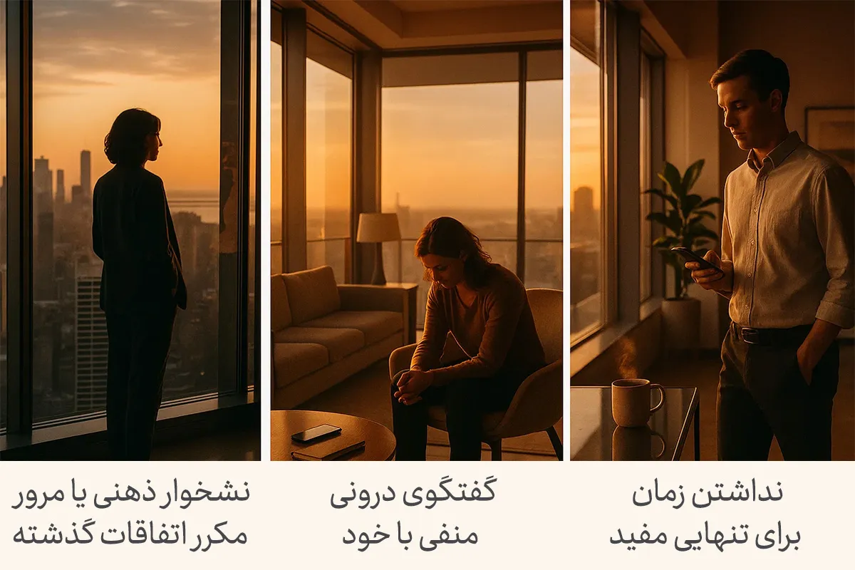 این تصویر نشخوار ذهنی با مرور اتفاقات گذشته، گفتگوی درونی منفی با خود و نداشتن زمان برای تنهایی مفید را به‌عنوان عادت های بد روزانه نشان می‌دهد.
