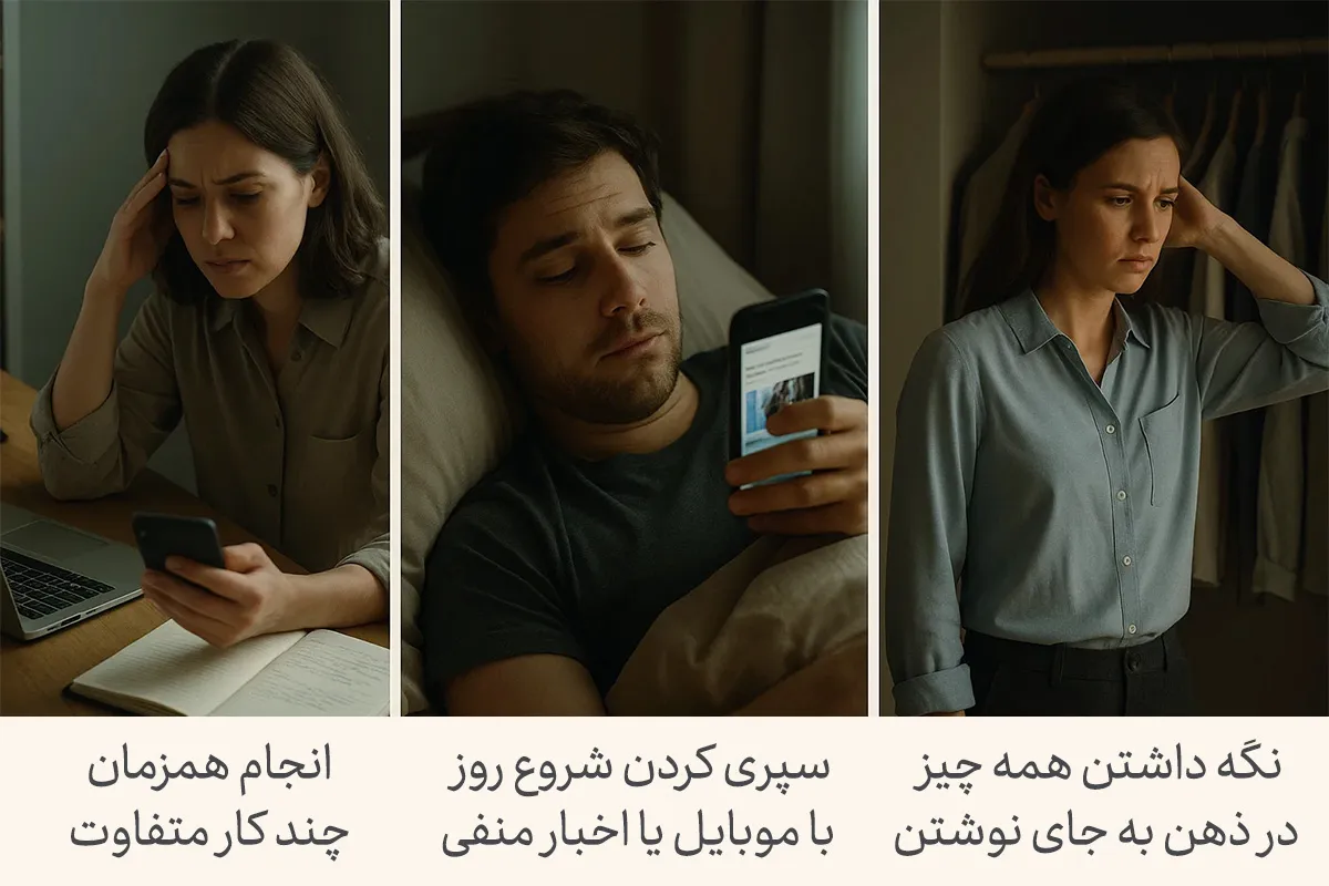 این تصویر انجام همزمان چند کار متفاوت، سیری کردن شروع روز با موبایل یا اخبار منفی و نگه داشتن همه چیز در ذهن را از عادت های بد روزانه نشان می‌دهد.