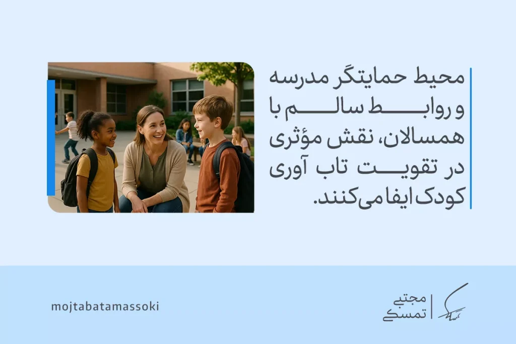 در تصویر، کودکان در محیط مدرسه و روابط سالم با همسالان، به تقویت تاب آوری در برابر چالش‌ها و استرس‌ها می‌پردازند.