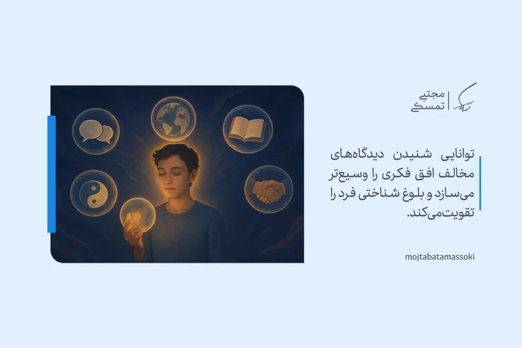 تصویر فردی در حال تمرکز با نمادهای گفتگو، زمین و تعادل که مفهوم تفکر انتقادی و گسترش افق فکری و شناختی را نشان می‌دهد.