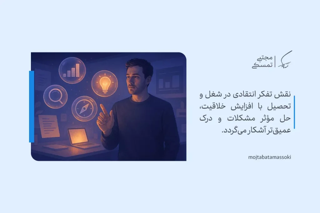 تصویر فردی در محیط کاری با نمادهای چراغ روشن، قطب‌نما و نمودار که بیانگر نقش تفکر انتقادی در خلاقیت و حل مسئله است.