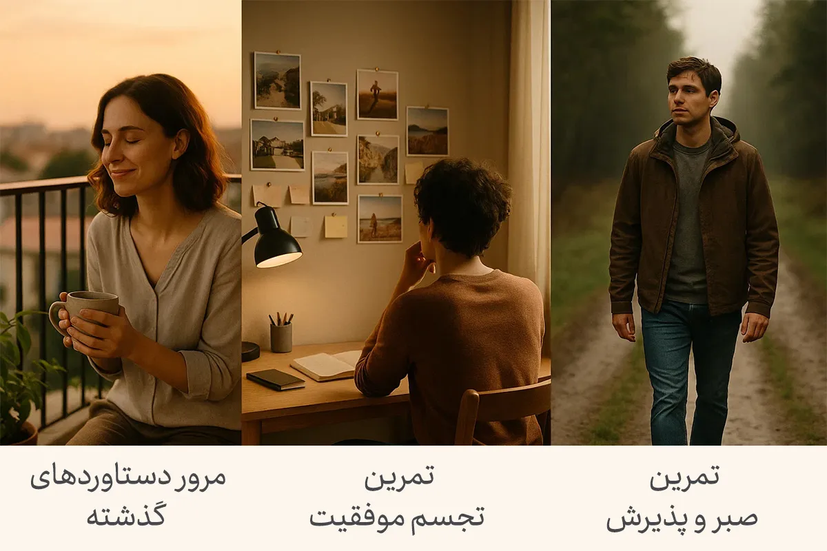 تصویری از زنی آرام در نور غروب، فردی متفکر پشت میز کار و مردی در حال قدم‌زدن در طبیعت که عادت های خوب برای موفقیت را به تصویر می‌کشد.