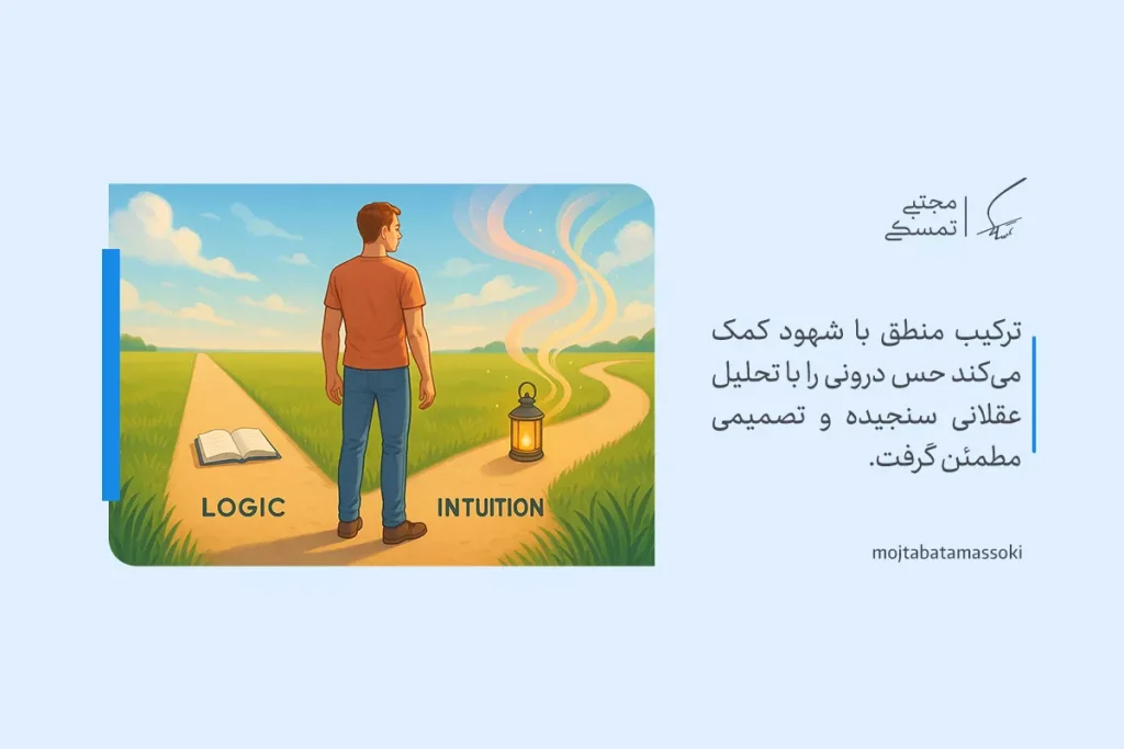 تصویر فردی که در دو راهی با نمادهای تفکر منطقی و شهود قرار دارد، نمایانگر ترکیب این دو در تصمیم‌گیری است.