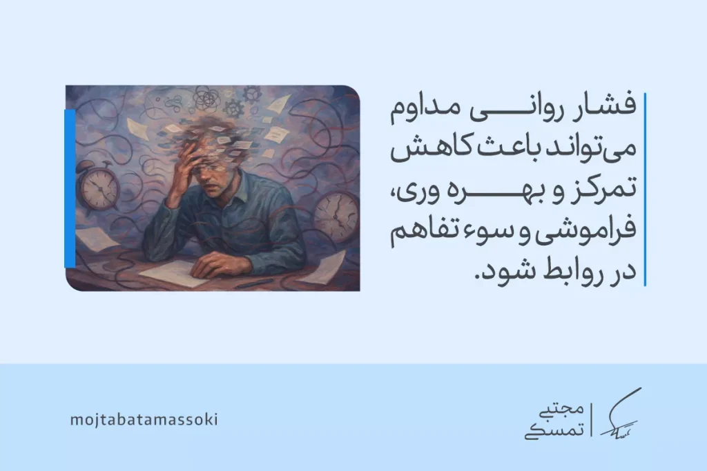 مردی پشت میز با سردرد و افکار پراکنده نشسته که نمادی از خستگی ذهنی و تأثیر فشار روانی بر تمرکز و روابط است.