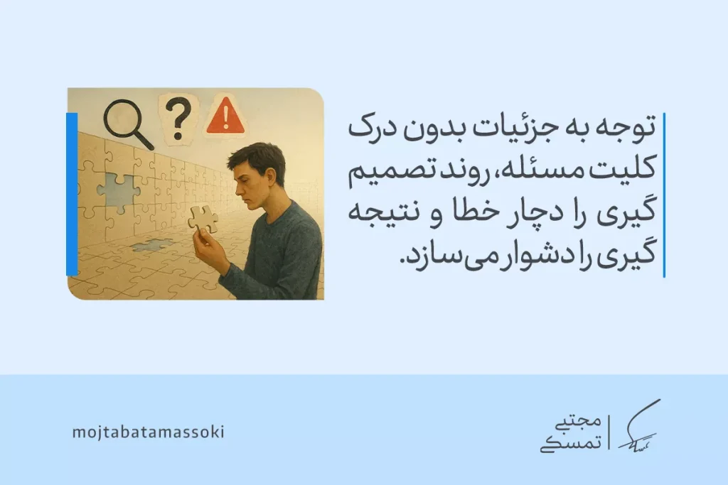 در تصویر یک مرد در حال تلاش برای حل پازل با دقت به جزئیات و علامت‌های سوال و هشدار که نشان‌دهنده چالش در حل مسئله است.