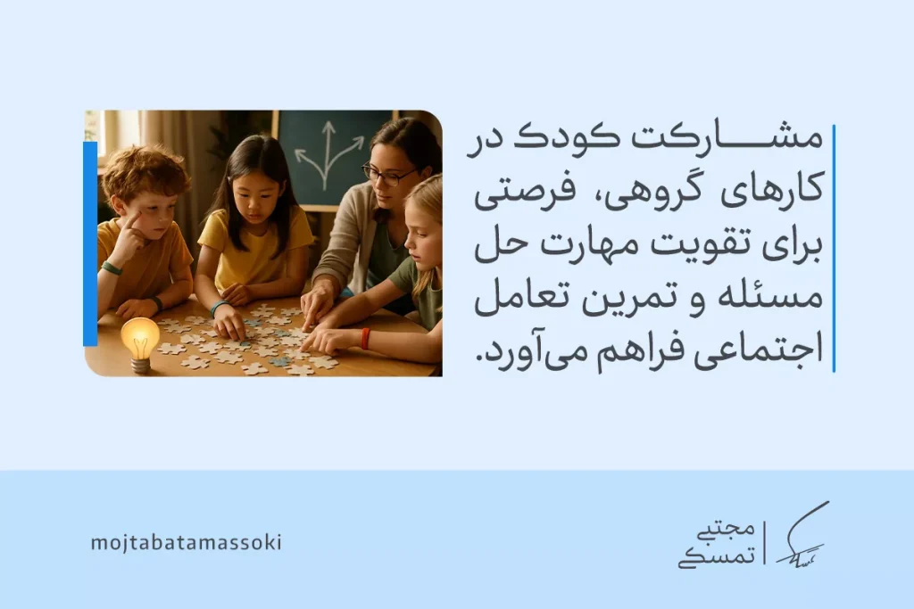 تصویری از کودکان در حال حل پازل با معلم خود هستند که فرصتی برای تقویت مهارت‌های حل مسئله در کودکان و تمرین تعامل اجتماعی فراهم میکند.