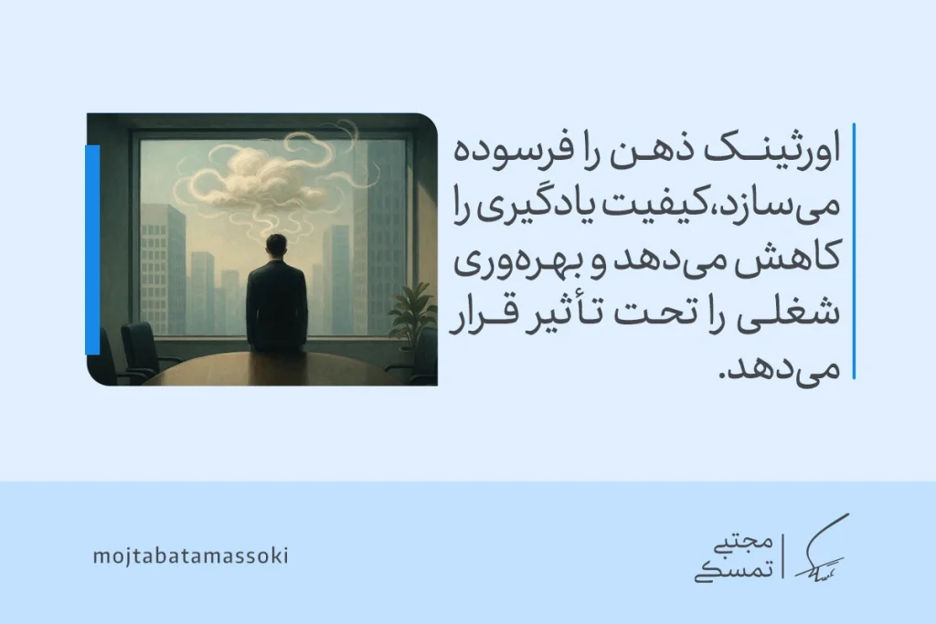 تصویر مردی که در محل کار به ابرهای ذهنی خیره شده، نمادی از خستگی ذهنی و کاهش تمرکز ناشی از نشخوار فکری است.