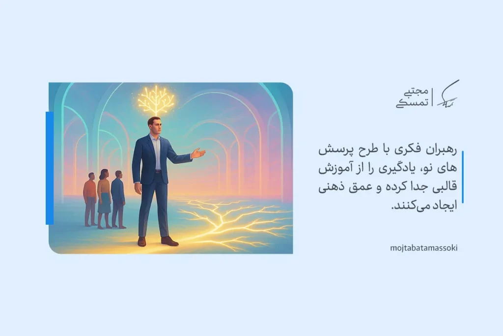 تفکر خارج از چارچوب با نمایش رهبری که با ایده‌های نو الهام می‌بخشد و دیگران را به یادگیری عمیق هدایت می‌کند نشان داده شده است.