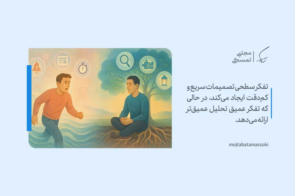 تصویر دو فرد که یکی در حال دویدن و دیگری در حال مدیتیشن زیر درخت است، تفاوت تفکر سطحی و تفکر عمیق را نشان می‌دهد.