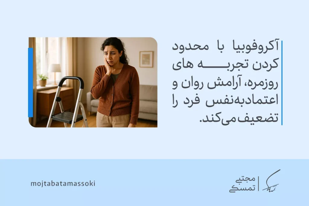 زنی نگران کنار نردبان در خانه ایستاده و متن درباره تأثیر ترس از ارتفاع بر کاهش اعتمادبه‌نفس و آرامش روان فرد توضیح می‌دهد.