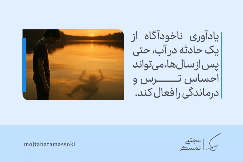 مردی کنار دریاچه در غروب ایستاده و به آب نگاه می‌کند؛ خاطره‌ای ناخودآگاه از حادثه‌ای قدیمی، ترس از آب را در او زنده کرده است.