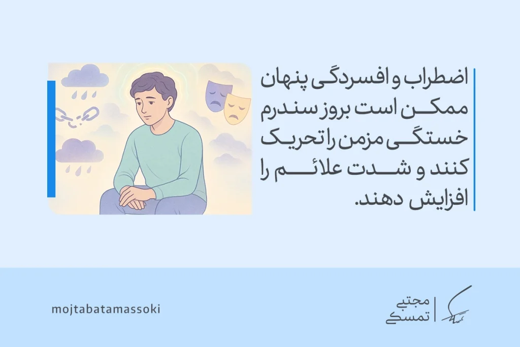 مردی اندوهگین نشسته و در اطرافش ابرهای بارانی و ماسک غم دیده می‌شود که ارتباط اضطراب با سندرم خستگی مزمن را نشان می‌دهد.