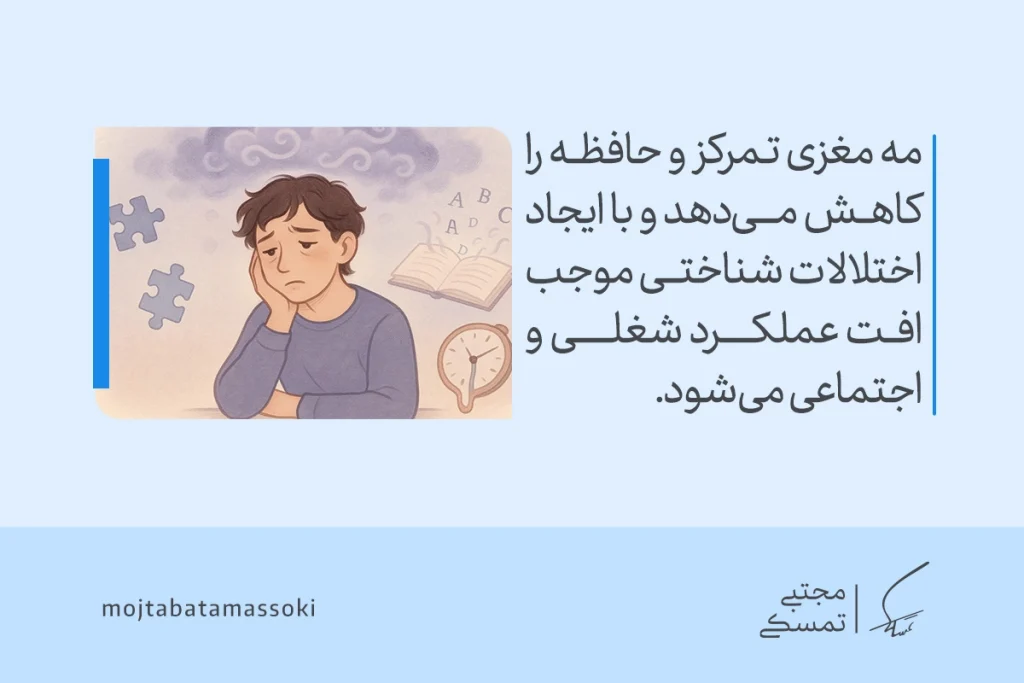 مردی خسته پشت میز با حالت گیج و ذهن ابری نشسته و کاهش تمرکز و حافظه در اثر سندرم خستگی مزمن را تجربه می‌کند.