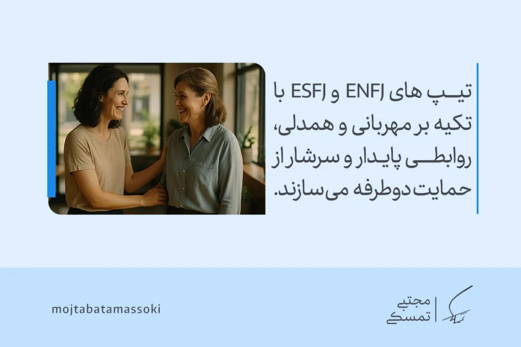 تصویر دو زن که با لبخند و مهربانی گفتگو می‌کنند، مفهوم همدلی و حمایت دوطرفه بین ENFJ و ESFJ را بازتاب می‌دهد و نقش تیپ شخصیتی enfj را نشان می‌دهد.