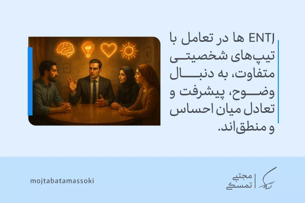 مردی در حال گفتگو با سه نفر در محیطی گرم و رسمی است و نمادهای منطق و احساس بالای سرشان تعادل تیپ شخصیتی ENTJ را نشان می‌دهد.