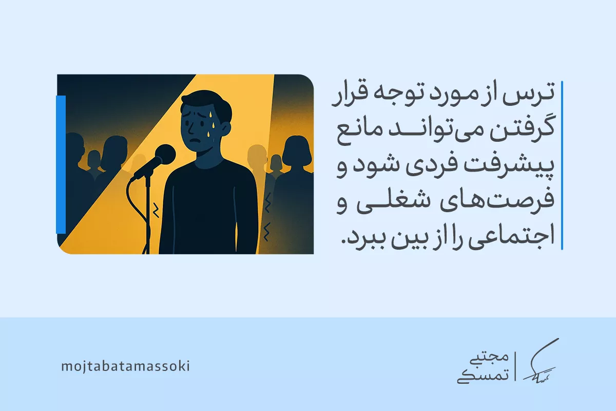 تصویر مردی مضطرب پشت میکروفون در جمع، نشان‌دهنده ترس اجتماعی به‌عنوان یکی از انواع فوبیا است که عملکرد را مختل می‌کند.