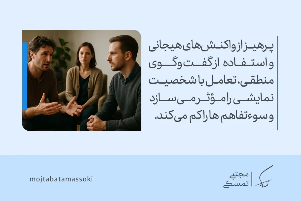 تصویر گفت‌وگوی سه نفره‌ای که در آن فردی با کنترل هیجان و بیان منطقی، شیوه مؤثر برخورد با شخصیت نمایشی را نشان می‌دهد.