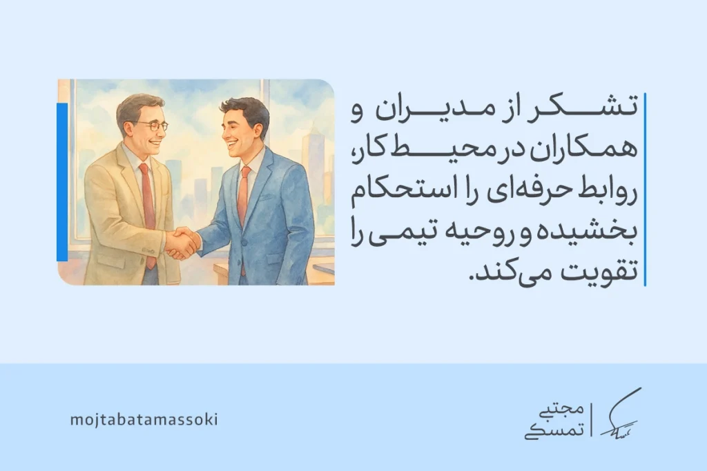در تصویر دو مرد در محیط کاری با لبخند دست می‌دهند و نشان می‌دهند که قدردانی در روابط حرفه‌ای موجب تقویت روحیه تیمی و اعتماد می‌شود.