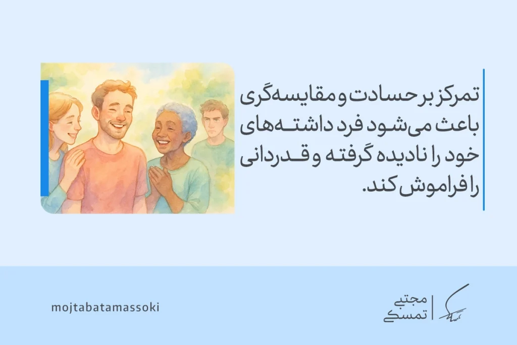 در تصویر چند نفر با لبخند در کنار هم دیده می‌شوند و مردی حسود در پس‌زمینه نشان می‌دهد که حسادت مانع قدردانی از داشته‌ها می‌شود.